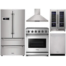 Thor Kitchen 5-Piece Appliance Package - 30" Gas Range, French Door Refrigerator, Wall Mount Hood, Dishwasher, and Wine Cooler in Stainless Steel Appliance Package Thor Kitchen 