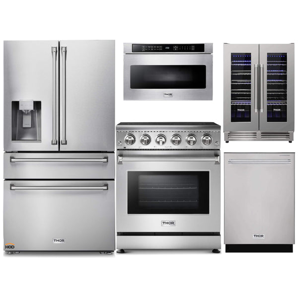 Thor Kitchen 5-Piece Appliance Package - 30-Inch Electric Range, Refrigerator with Water Dispenser, Dishwasher, Microwave Drawer, & Wine Cooler in Stainless Steel Appliance Package Thor Kitchen 