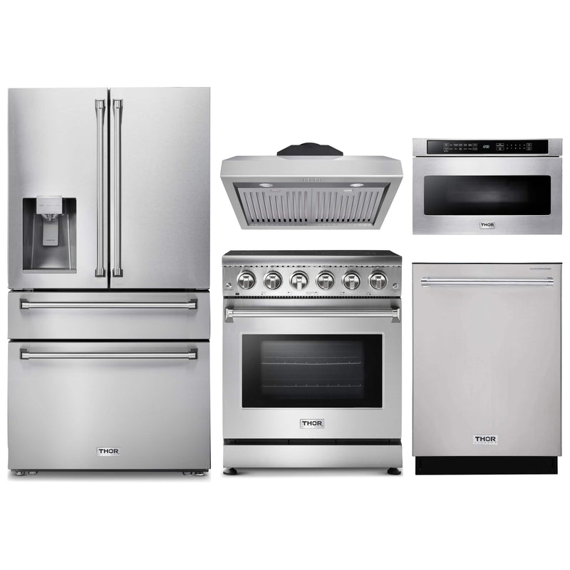 Thor Kitchen 5-Piece Appliance Package - 30-Inch Electric Range, Refrigerator with Water Dispenser, Under Cabinet Hood, Dishwasher, & Microwave Drawer in Stainless Steel Appliance Package Thor Kitchen 