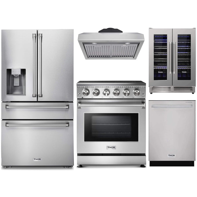 Thor Kitchen 5-Piece Appliance Package - 30-Inch Electric Range, Refrigerator with Water Dispenser, Under Cabinet Hood, Dishwasher, & Wine Cooler in Stainless Steel Appliance Package Thor Kitchen 