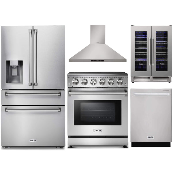 Thor Kitchen 5-Piece Appliance Package - 30-Inch Electric Range, Refrigerator with Water Dispenser, Wall Mount Hood, Dishwasher, & Wine Cooler in Stainless Steel Appliance Package Thor Kitchen 