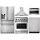Thor Kitchen 5-Piece Appliance Package - 30-Inch Gas Range, Refrigerator with Water Dispenser, Wall Mount Hood, Dishwasher, & Microwave Drawer in Stainless Steel Appliance Package Thor Kitchen 