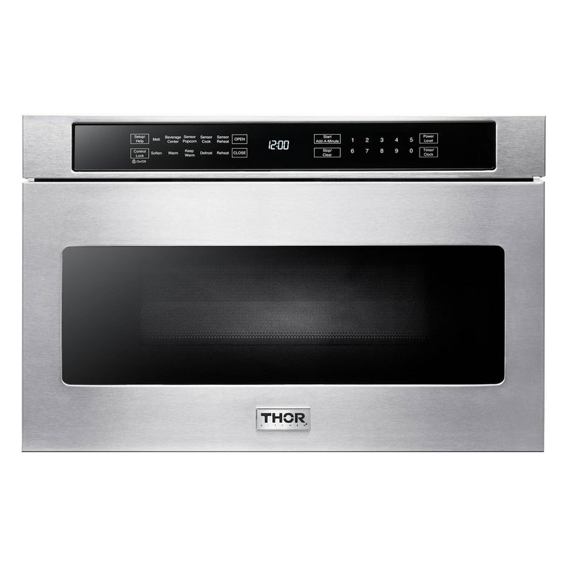 Thor Kitchen 5-Piece Appliance Package - 30-Inch Gas Range, Refrigerator with Water Dispenser, Wall Mount Hood, Dishwasher, & Microwave Drawer in Stainless Steel Appliance Package Thor Kitchen 