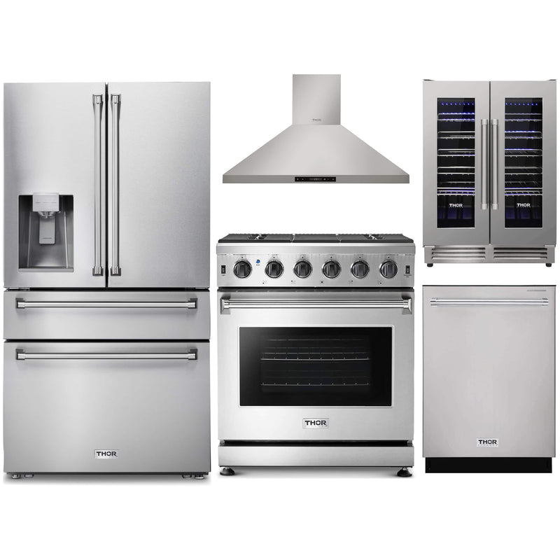 Thor Kitchen 5-Piece Appliance Package - 30-Inch Gas Range, Refrigerator with Water Dispenser, Wall Mount Hood, Dishwasher, & Wine Cooler in Stainless Steel Appliance Package Thor Kitchen 