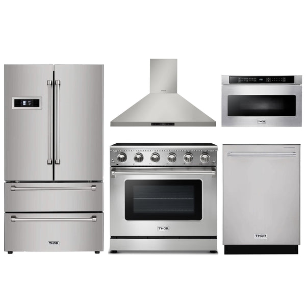 Thor Kitchen 5-Piece Appliance Package - 36" Electric Range, French Door Refrigerator, Wall Mount Hood, Dishwasher, and Microwave Drawer in Stainless Steel Appliance Package Thor Kitchen 