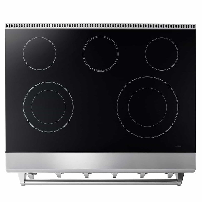Thor Kitchen 5-Piece Appliance Package - 36" Electric Range, French Door Refrigerator, Wall Mount Hood, Dishwasher, and Microwave Drawer in Stainless Steel Appliance Package Thor Kitchen 