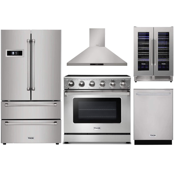 Thor Kitchen 5-Piece Appliance Package - 36" Electric Range, French Door Refrigerator, Wall Mount Hood, Dishwasher, & Wine Cooler in Stainless Steel Appliance Package Thor Kitchen 