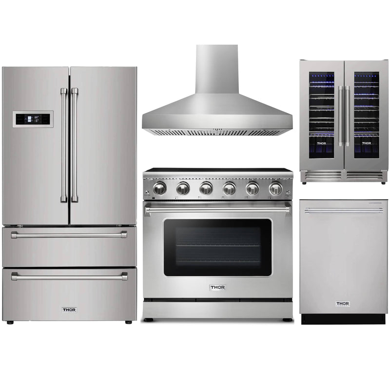 Thor Kitchen 5-Piece Appliance Package - 36" Electric Range, French Door Refrigerator, Wall Mount Hood, Dishwasher, & Wine Cooler in Stainless Steel Appliance Package Thor Kitchen Natural Pro Style 