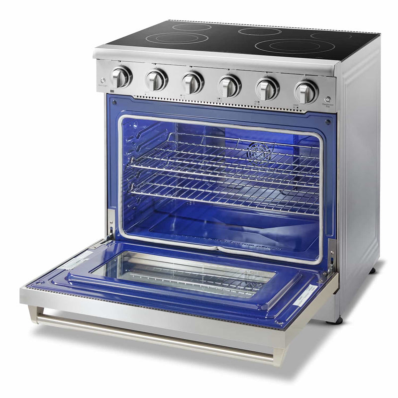Thor Kitchen 5-Piece Appliance Package - 36" Electric Range, French Door Refrigerator, Wall Mount Hood, Dishwasher, & Wine Cooler in Stainless Steel Appliance Package Thor Kitchen 