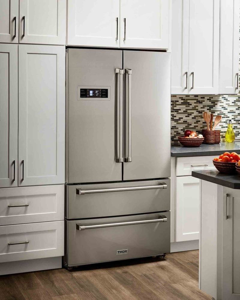Thor Kitchen 5-Piece Appliance Package - 36" Gas Range, French Door Refrigerator, Under Cabinet Hood, Dishwasher, and Wine Cooler in Stainless Steel Appliance Package Thor Kitchen 