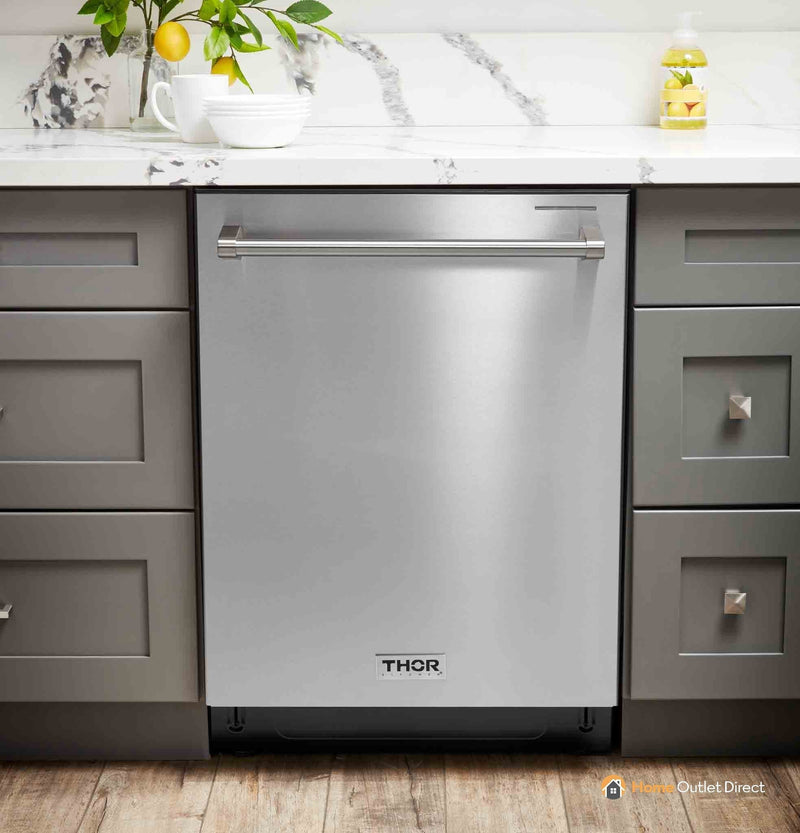 Thor Kitchen 5-Piece Appliance Package - 36" Gas Range, French Door Refrigerator, Under Cabinet Hood, Dishwasher, and Wine Cooler in Stainless Steel Appliance Package Thor Kitchen 