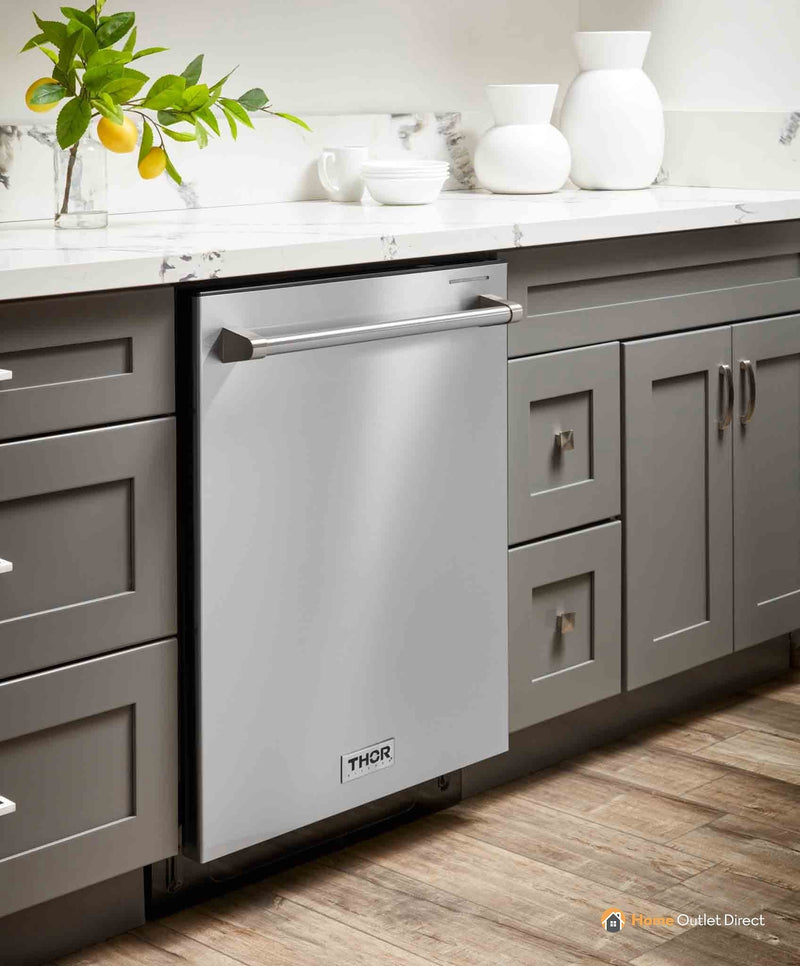 Thor Kitchen 5-Piece Appliance Package - 36" Gas Range, French Door Refrigerator, Wall Mount Hood, Dishwasher, and Microwave Drawer in Stainless Steel Appliance Package Thor Kitchen 