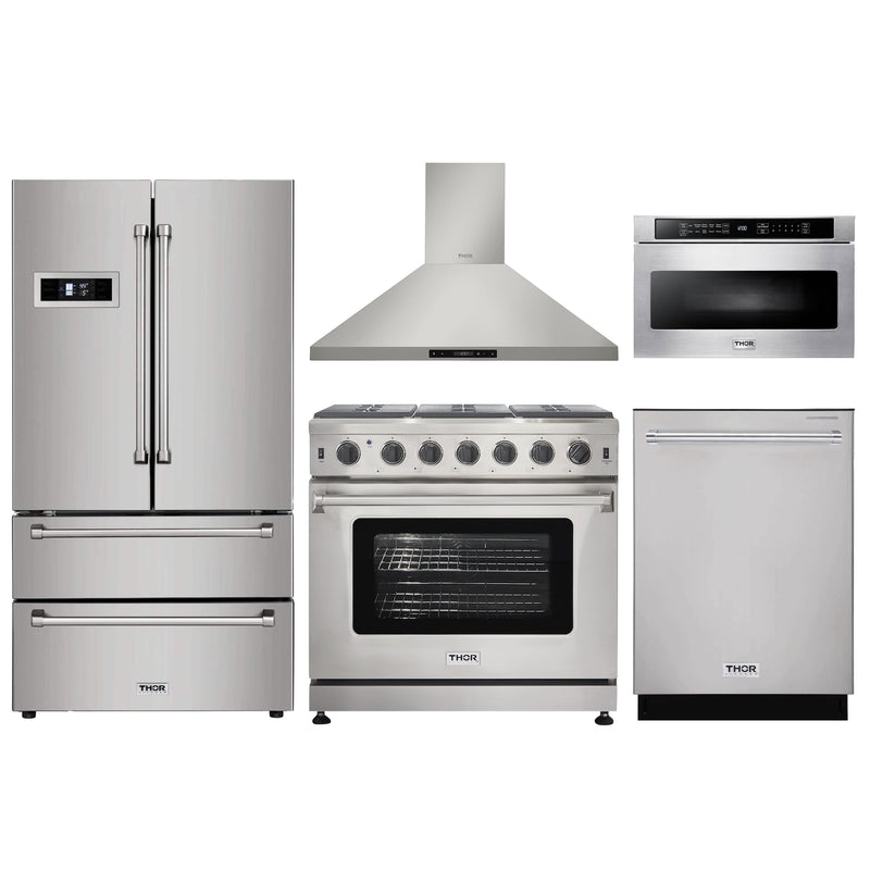 Thor Kitchen 5-Piece Appliance Package - 36" Gas Range, French Door Refrigerator, Wall Mount Hood, Dishwasher, and Microwave Drawer in Stainless Steel Appliance Package Thor Kitchen 