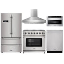 Thor Kitchen 5-Piece Appliance Package - 36" Gas Range, French Door Refrigerator, Wall Mount Hood, Dishwasher, and Microwave Drawer in Stainless Steel Appliance Package Thor Kitchen Natural Gas Pro Style 