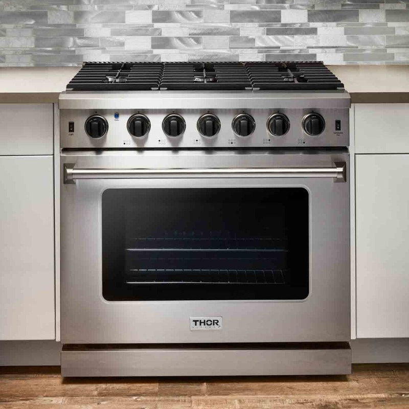 Thor Kitchen 5-Piece Appliance Package - 36" Gas Range, French Door Refrigerator, Wall Mount Hood, Dishwasher, and Wine Cooler in Stainless Steel Appliance Package Thor Kitchen 