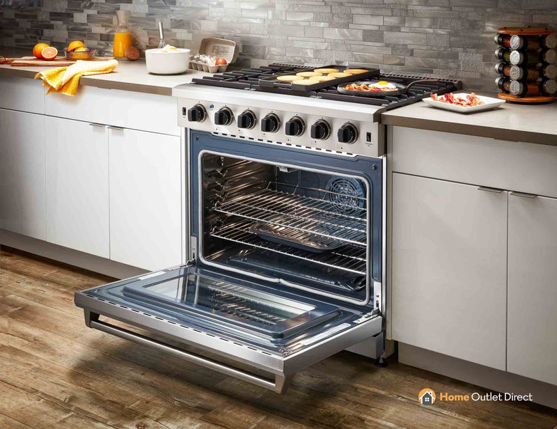 Thor Kitchen 5-Piece Appliance Package - 36" Gas Range, French Door Refrigerator, Wall Mount Hood, Dishwasher, and Wine Cooler in Stainless Steel Appliance Package Thor Kitchen 