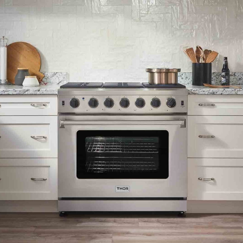 Thor Kitchen 5-Piece Appliance Package - 36" Gas Range, French Door Refrigerator, Wall Mount Hood, Dishwasher, and Wine Cooler in Stainless Steel Appliance Package Thor Kitchen 