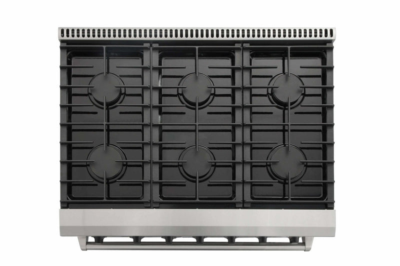 Thor Kitchen 5-Piece Appliance Package - 36" Gas Range, French Door Refrigerator, Wall Mount Hood, Dishwasher, and Wine Cooler in Stainless Steel Appliance Package Thor Kitchen 