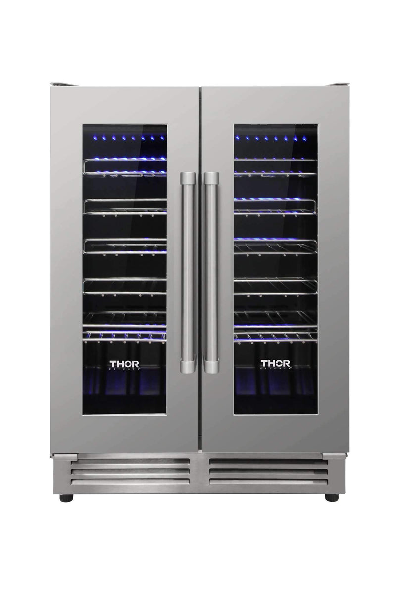 Thor Kitchen 5-Piece Appliance Package - 36" Gas Range, French Door Refrigerator, Wall Mount Hood, Dishwasher, and Wine Cooler in Stainless Steel Appliance Package Thor Kitchen 