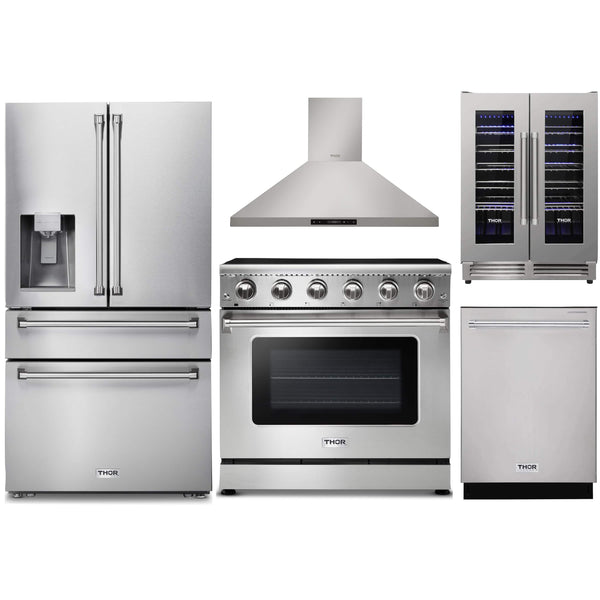 Thor Kitchen 5-Piece Appliance Package - 36-Inch Electric Range, Refrigerator with Water Dispenser, Wall Mount Hood, Dishwasher, & Wine Cooler in Stainless Steel Appliance Package Thor Kitchen 