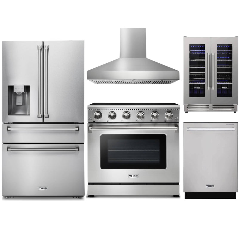 Thor Kitchen 5-Piece Appliance Package - 36-Inch Electric Range, Refrigerator with Water Dispenser, Wall Mount Hood, Dishwasher, & Wine Cooler in Stainless Steel Appliance Package Thor Kitchen Natural Pro Style 