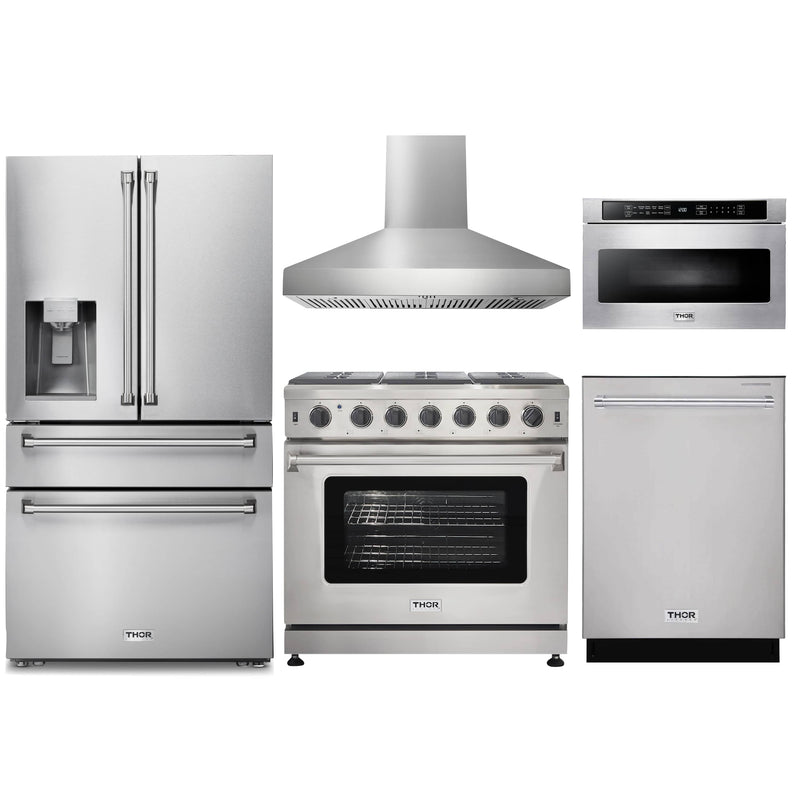 Thor Kitchen 5-Piece Appliance Package - 36-Inch Gas Range, Refrigerator with Water Dispenser, Wall Mount Hood, Dishwasher, & Microwave Drawer in Stainless Steel Appliance Package Thor Kitchen Natural Gas Pro Style 