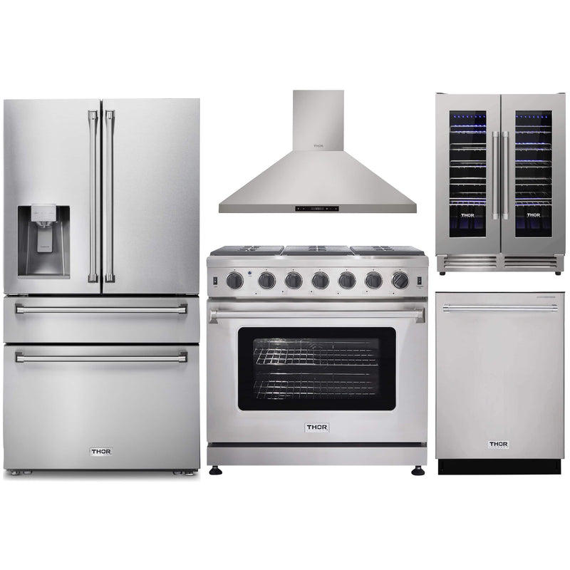 Thor Kitchen 5-Piece Appliance Package - 36-Inch Gas Range, Refrigerator with Water Dispenser, Wall Mount Hood, Dishwasher, & Wine Cooler in Stainless Steel Appliance Package Thor Kitchen 