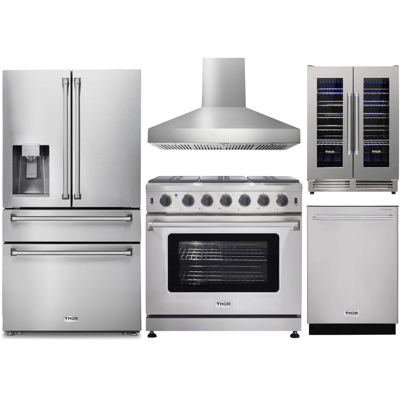Thor Kitchen 5-Piece Appliance Package - 36-Inch Gas Range, Refrigerator with Water Dispenser, Wall Mount Hood, Dishwasher, & Wine Cooler in Stainless Steel Appliance Package Thor Kitchen Natural Gas Pro Style 