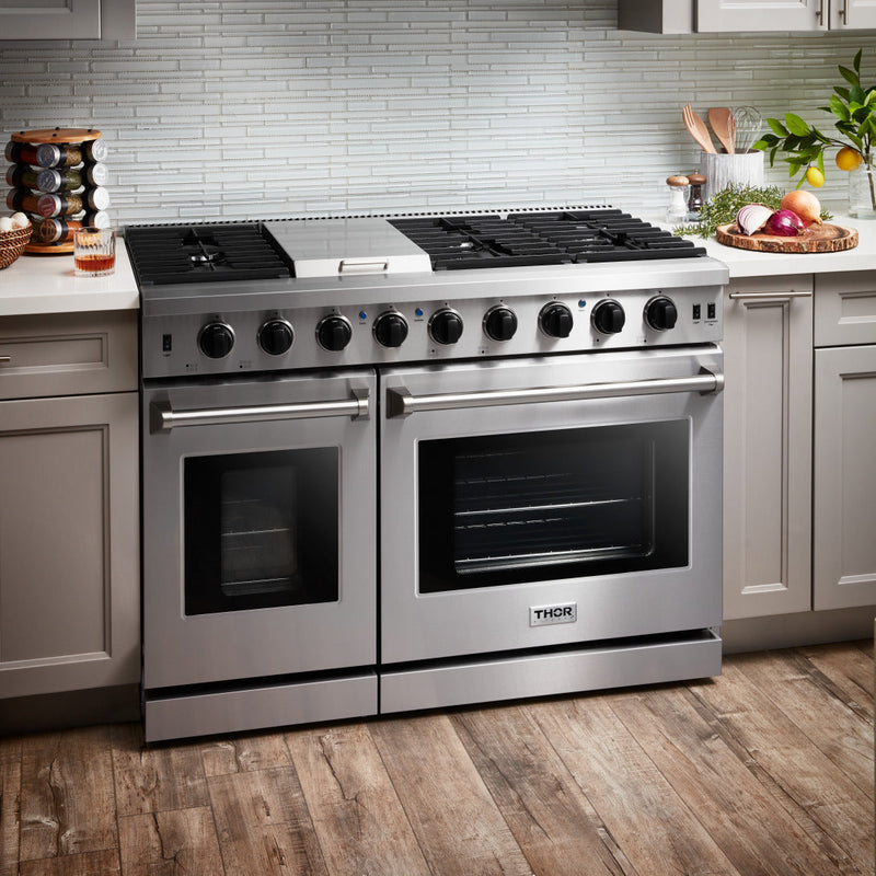 Thor Kitchen 5-Piece Appliance Package - 48" Gas Range, French Door Refrigerator, Dishwasher, and Wine Cooler in Stainless Steel Appliance Package Thor Kitchen 