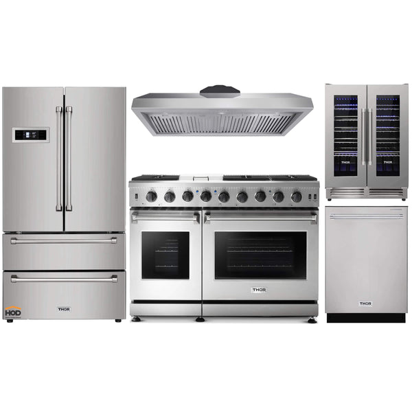 Thor Kitchen 5-Piece Appliance Package - 48" Gas Range, French Door Refrigerator, Dishwasher, and Wine Cooler in Stainless Steel Appliance Package Thor Kitchen Natural Gas 11" Height 
