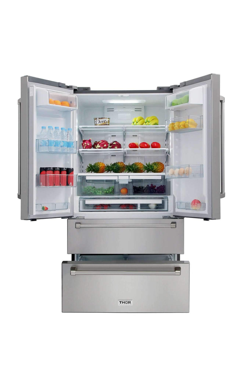 Thor Kitchen 5-Piece Appliance Package - 48" Gas Range, French Door Refrigerator, Pro Wall Mount Hood, Dishwasher, and Microwave Drawer in Stainless Steel Appliance Package Thor Kitchen 