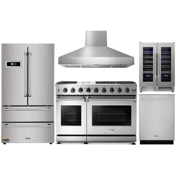 Thor Kitchen 5-Piece Appliance Package - 48" Gas Range, French Door Refrigerator, Pro Wall Mount Hood, Dishwasher, and Wine Cooler in Stainless Steel Appliance Package Thor Kitchen 
