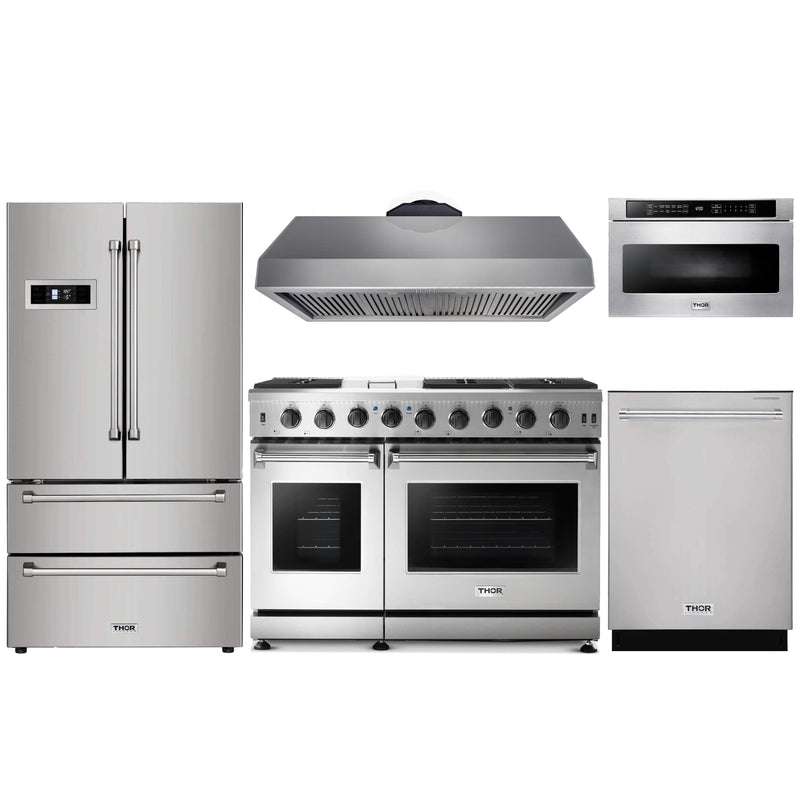 Thor Kitchen 5-Piece Appliance Package - 48" Gas Range, French Door Refrigerator, Under-cabinet Hood, Dishwasher, and Microwave Drawer in Stainless Steel Appliance Package Thor Kitchen Natural Gas 16.54" Height 