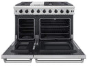Thor Kitchen 5-Piece Appliance Package - 48-Inch Gas Range, Refrigerator with Water Dispenser, Pro Wall Mount Hood, Dishwasher, & Microwave Drawer in Stainless Steel Appliance Package Thor Kitchen 