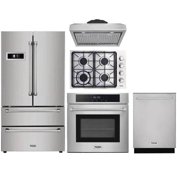 Thor Kitchen 5-Piece Pro Appliance Package - 30" Cooktop, Wall Oven, Under Cabinet Hood, Dishwasher & Refrigerator in Stainless Steel Appliance Package Thor Kitchen 