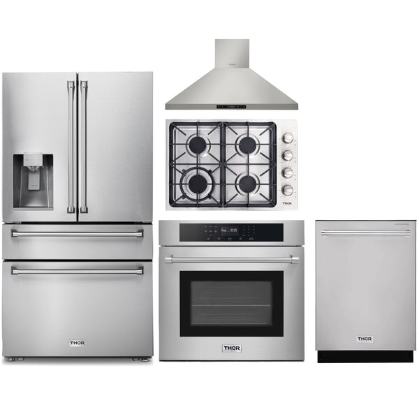 Thor Kitchen 5-Piece Pro Appliance Package - 30" Cooktop, Wall Oven, Wall Mount Hood, Dishwasher & Refrigerator with Water Dispenser in Stainless Steel Appliance Package Thor Kitchen 