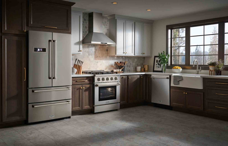 Thor Kitchen 5-Piece Pro Appliance Package - 30" Dual Fuel Range, French Door Refrigerator, Under Cabinet Hood, Dishwasher, and Wine Cooler in Stainless Steel Appliance Package Thor Kitchen 