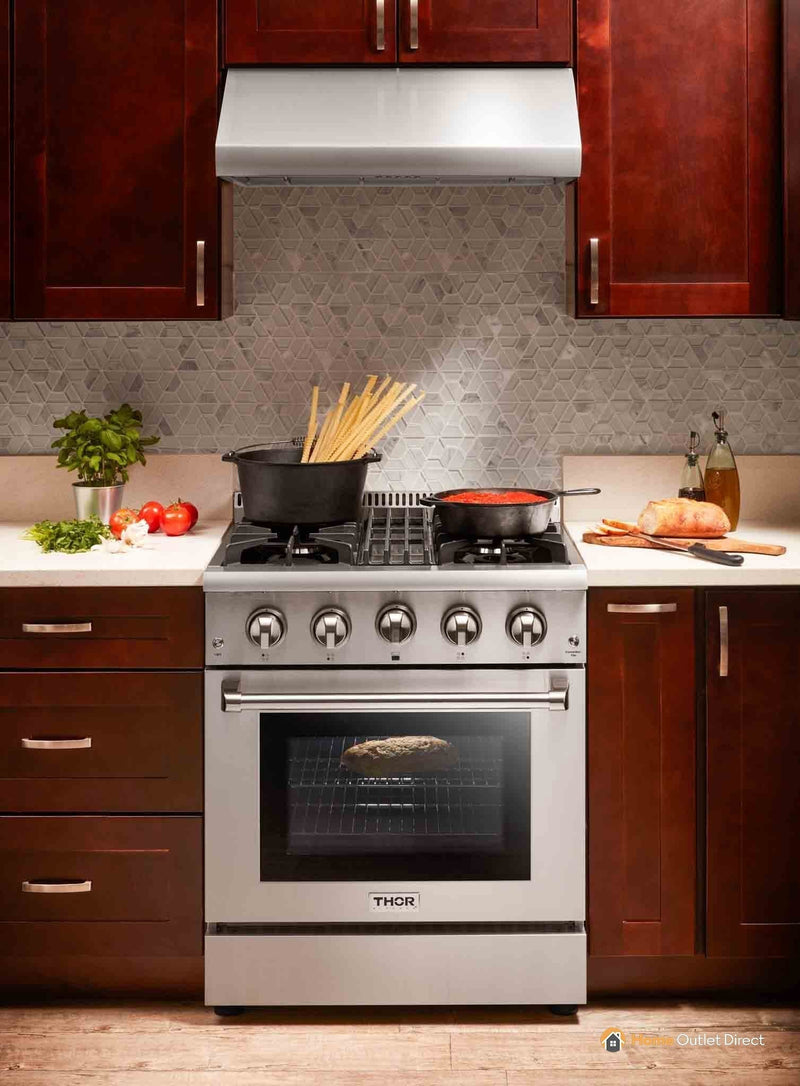 Thor Kitchen 5-Piece Pro Appliance Package - 30" Dual Fuel Range, French Door Refrigerator, Under Cabinet Hood, Dishwasher, and Wine Cooler in Stainless Steel Appliance Package Thor Kitchen 