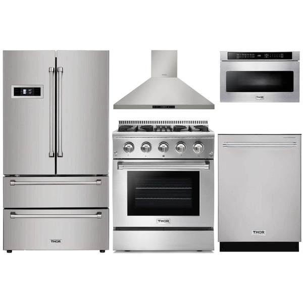 Thor Kitchen 5-Piece Pro Appliance Package - 30" Dual Fuel Range, French Door Refrigerator, Wall Mount Hood, Dishwasher, and Microwave Drawer in Stainless Steel Appliance Package Thor Kitchen 