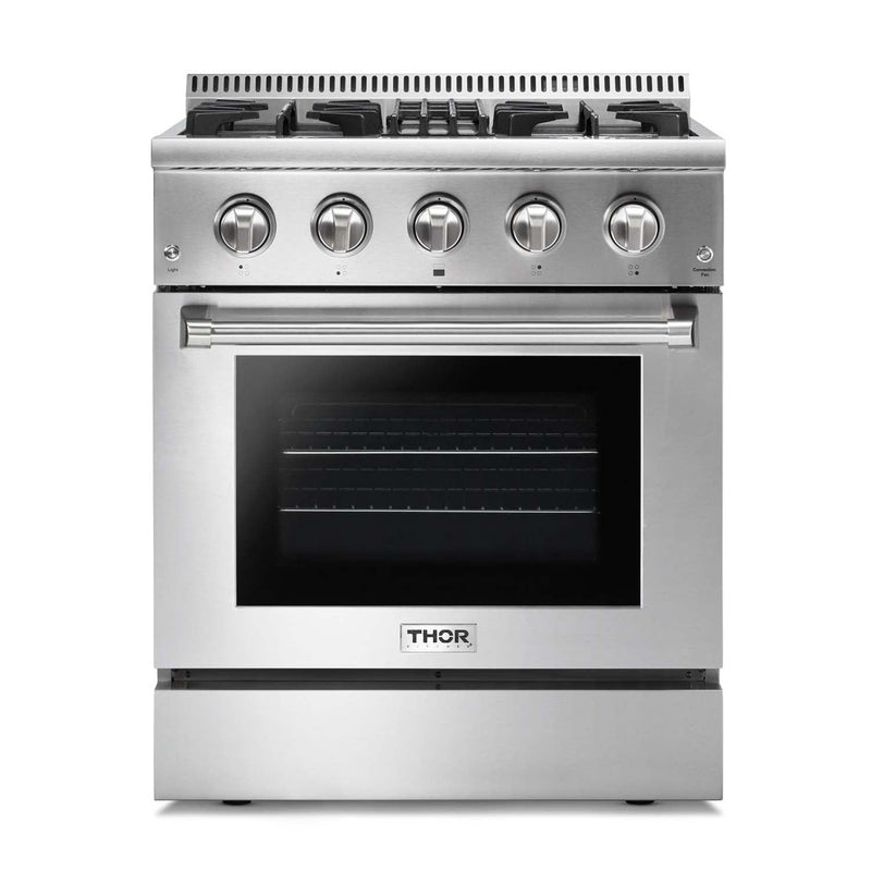 Thor Kitchen 5-Piece Pro Appliance Package - 30" Dual Fuel Range, French Door Refrigerator, Wall Mount Hood, Dishwasher, and Wine Cooler in Stainless Steel Appliance Package Thor Kitchen 