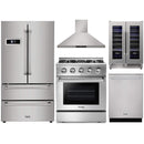 Thor Kitchen 5-Piece Pro Appliance Package - 30" Dual Fuel Range, French Door Refrigerator, Wall Mount Hood, Dishwasher, and Wine Cooler in Stainless Steel Appliance Package Thor Kitchen 