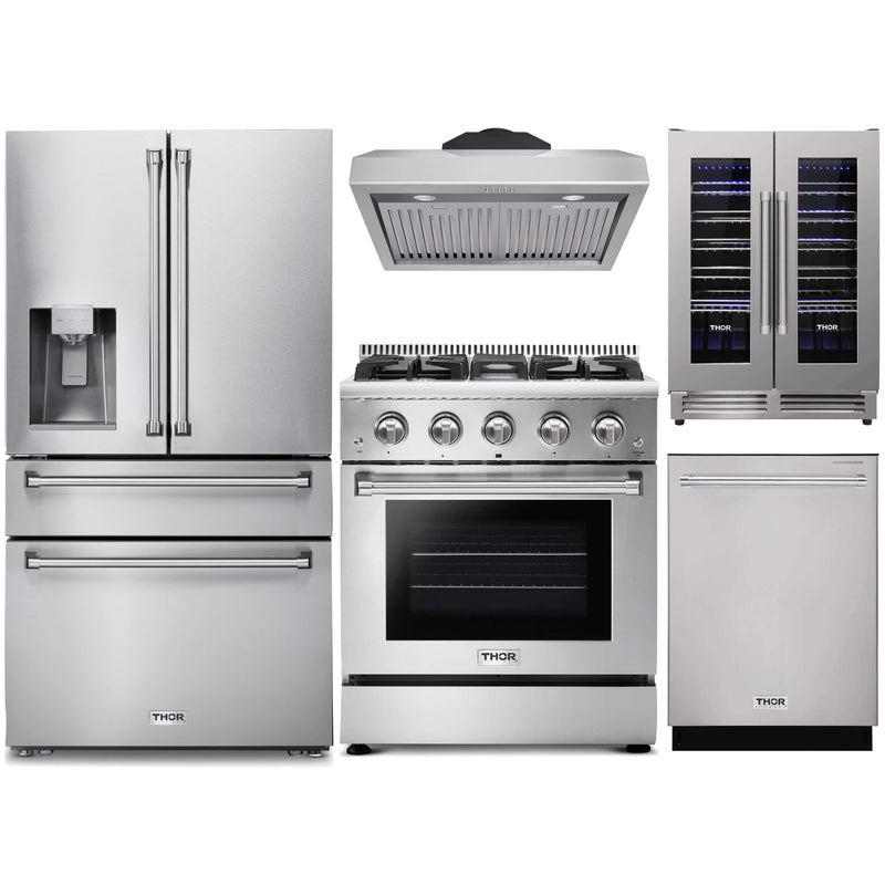 Thor Kitchen 5-Piece Pro Appliance Package - 30-Inch Gas Range, Refrigerator with Water Dispenser, Under Cabinet Hood, Dishwasher, & Wine Cooler in Stainless Steel Appliance Package Thor Kitchen 