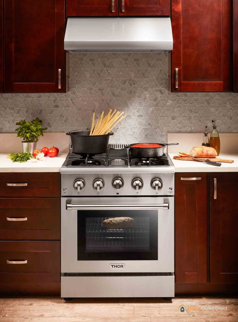 Thor Kitchen 5-Piece Pro Appliance Package - 30-Inch Gas Range, Refrigerator with Water Dispenser, Under Cabinet Hood, Dishwasher, & Wine Cooler in Stainless Steel Appliance Package Thor Kitchen 