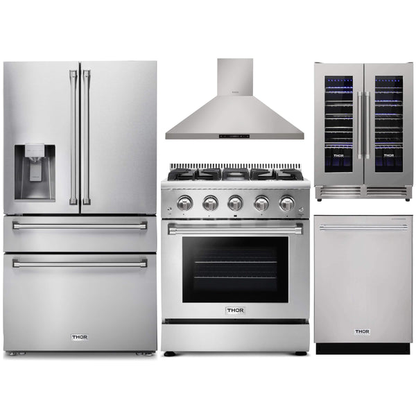 Thor Kitchen 5-Piece Pro Appliance Package - 30-Inch Gas Range, Refrigerator with Water Dispenser, Wall Mount Hood, Dishwasher, & Wine Cooler in Stainless Steel Appliance Package Thor Kitchen 