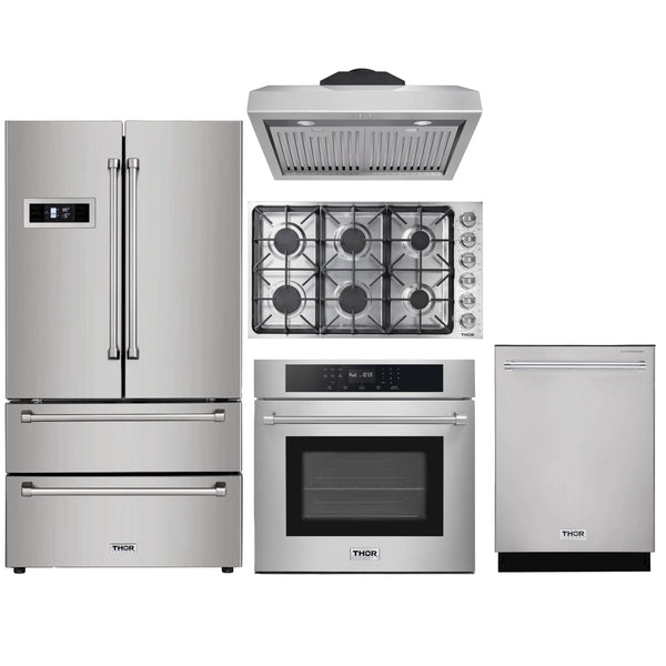 Thor Kitchen 5-Piece Pro Appliance Package - 36" Cooktop, Wall Oven, Under Cabinet Hood, Dishwasher & Refrigerator in Stainless Steel Appliance Package Thor Kitchen 