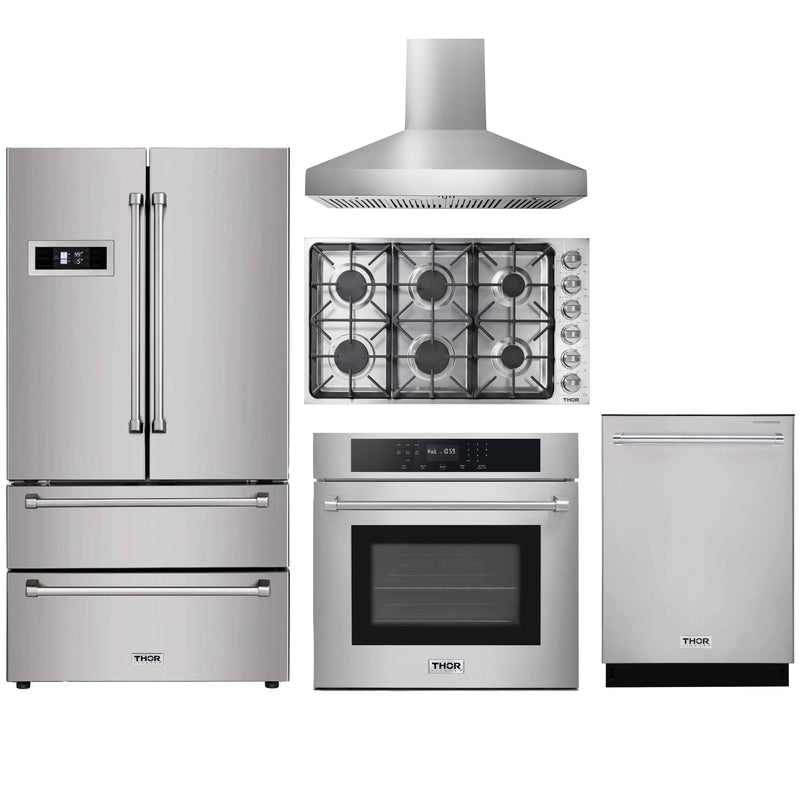 Thor Kitchen 5-Piece Pro Appliance Package - 36" Cooktop, Wall Oven, Wall Mount Hood, Dishwasher, & Refrigerator in Stainless Steel Appliance Package Thor Kitchen Natural Pro Style 
