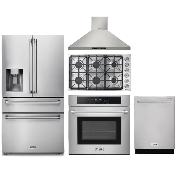 Thor Kitchen 5-Piece Pro Appliance Package - 36" Cooktop, Wall Oven, Wall Mount Hood, Dishwasher & Refrigerator with Water Dispenser in Stainless Steel Appliance Package Thor Kitchen 