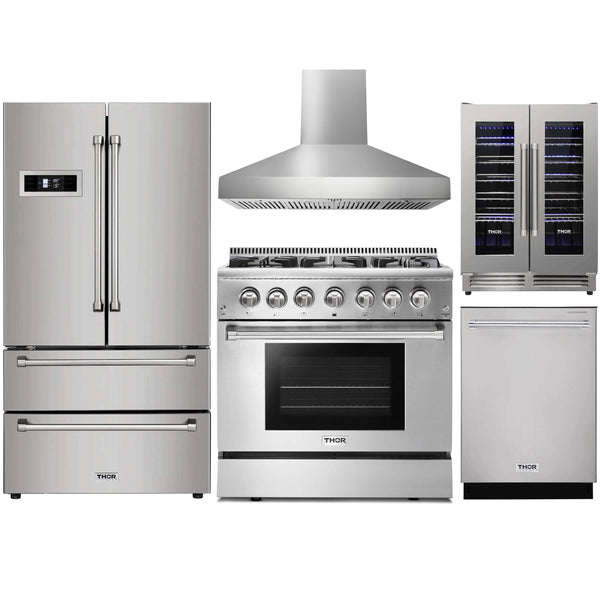 Thor Kitchen 5-Piece Pro Appliance Package - 36" Dual Fuel Range, French Door Refrigerator, Wall Mount Hood, Dishwasher, and Wine Cooler in Stainless Steel Appliance Package Thor Kitchen Natural Gas Pro style 