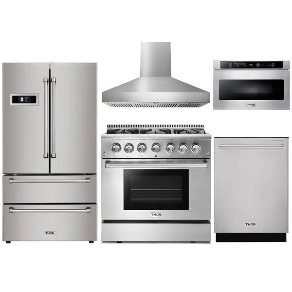 Thor Kitchen 5-Piece Pro Appliance Package - 36" Dual Fuel Range, French Door Refrigerator, Wall Mount Hood, Dishwasher & Microwave Drawer in Stainless Steel Appliance Package Thor Kitchen Natural Gas Pro Style 