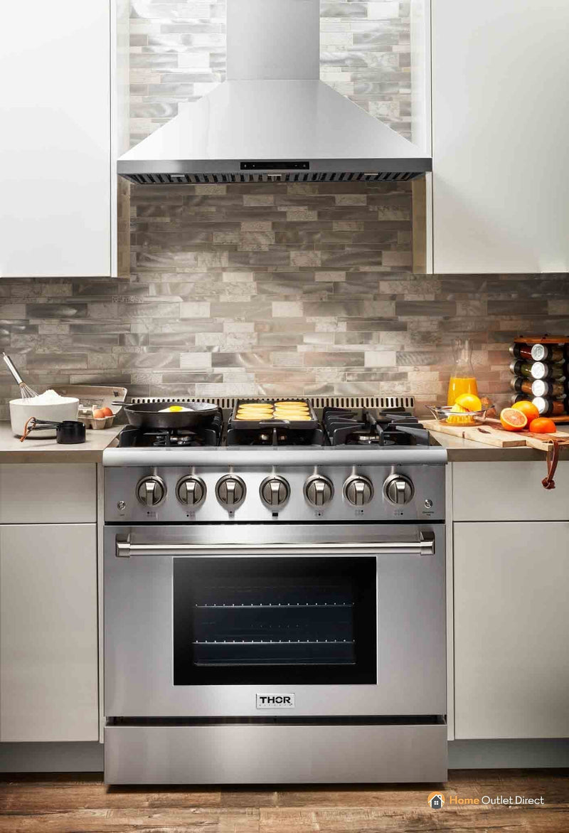Thor Kitchen 5-Piece Pro Appliance Package - 36" Gas Range, French Door Refrigerator, Wall Mount Hood, Dishwasher, and Microwave Drawer in Stainless Steel Appliance Package Thor Kitchen 